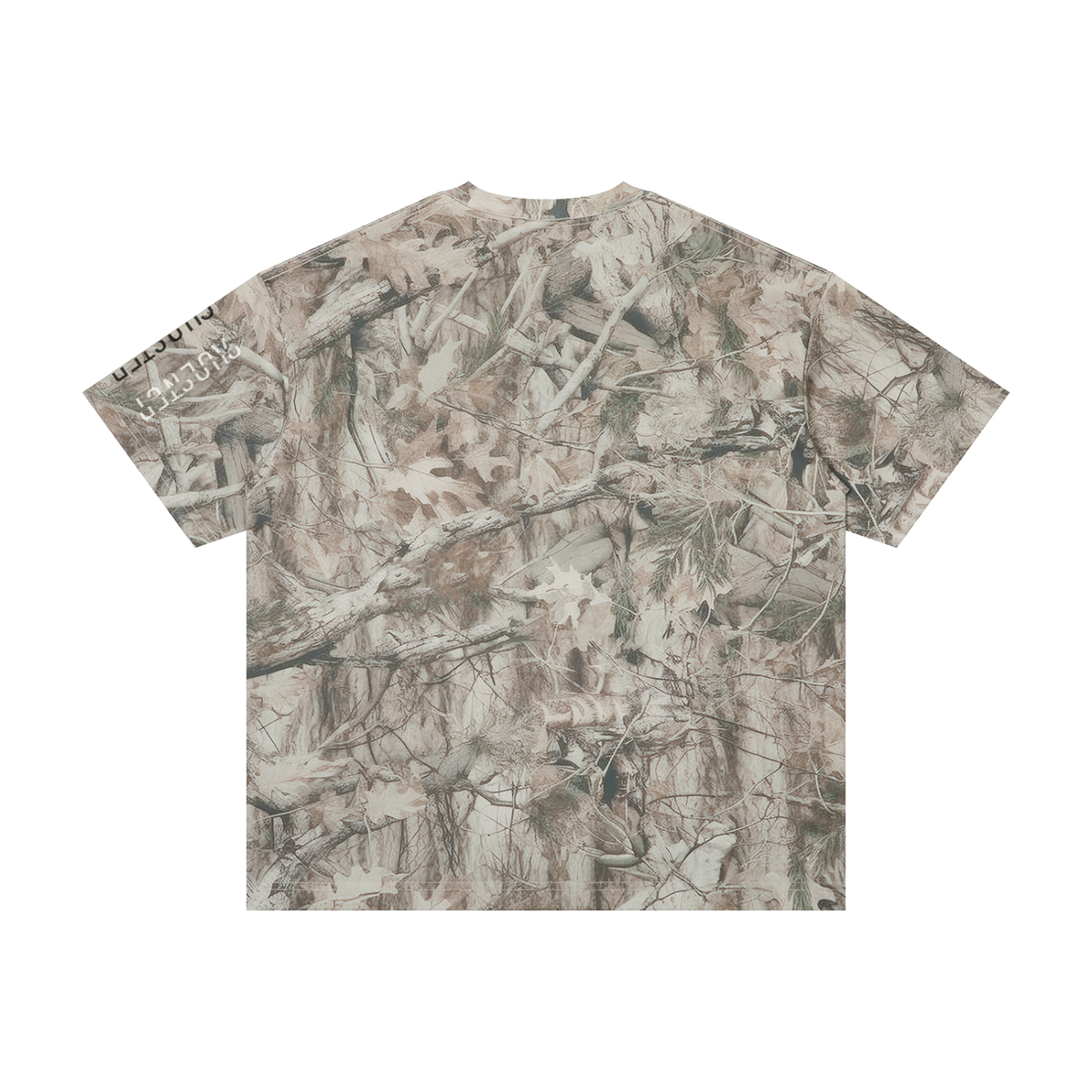 A Cell's Dimensions Tee in Tree Camo Gray Apricot